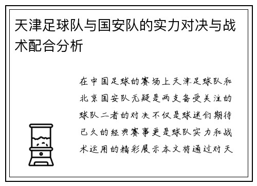 天津足球队与国安队的实力对决与战术配合分析